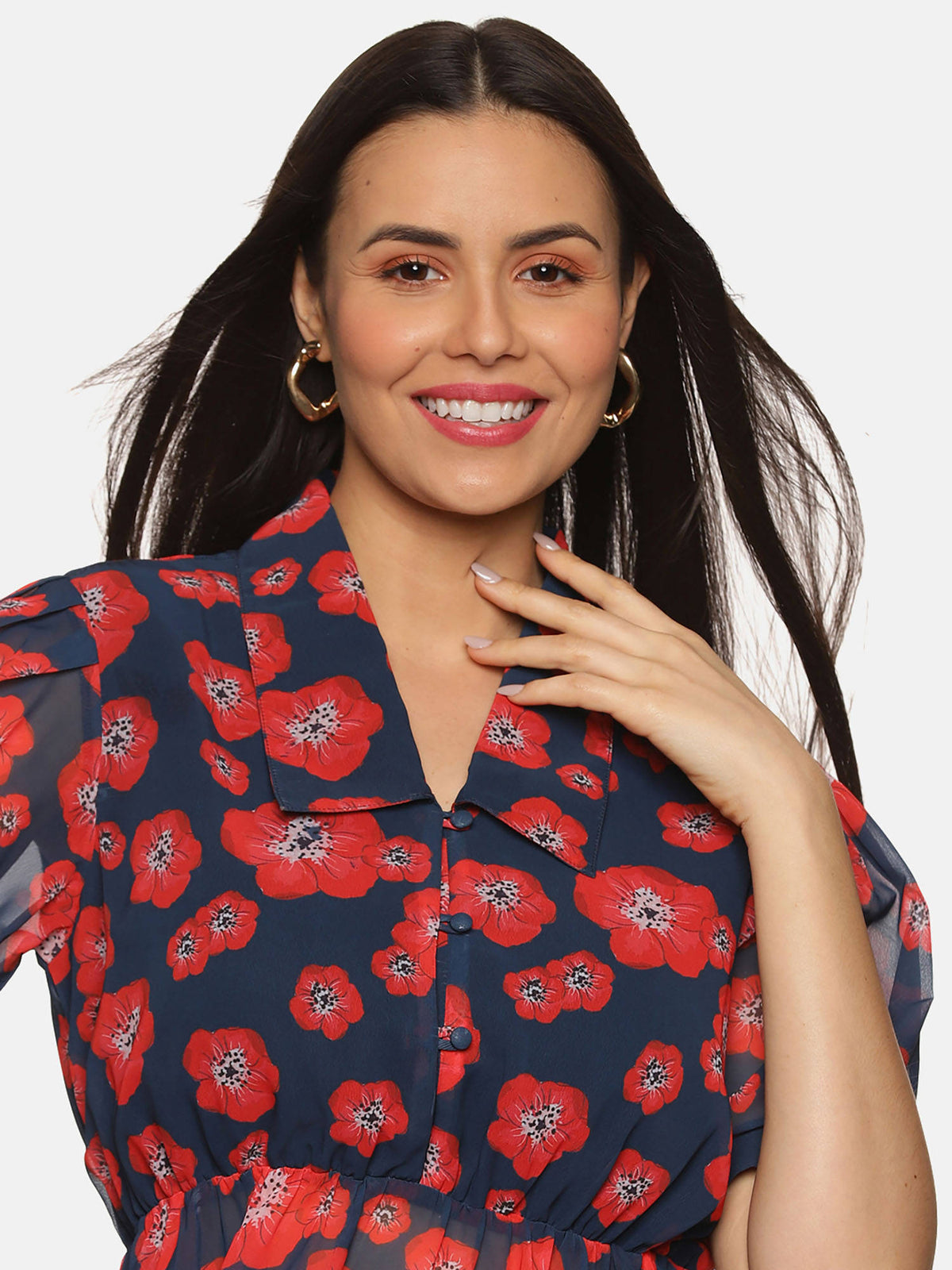 Floral Navy Blue Collared Peplum Top | pt51 - view 5