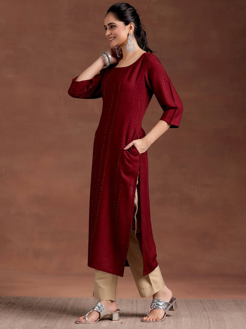 Red Woven Design Sequinned Straight Kurta with Pocket | U3S - view 2