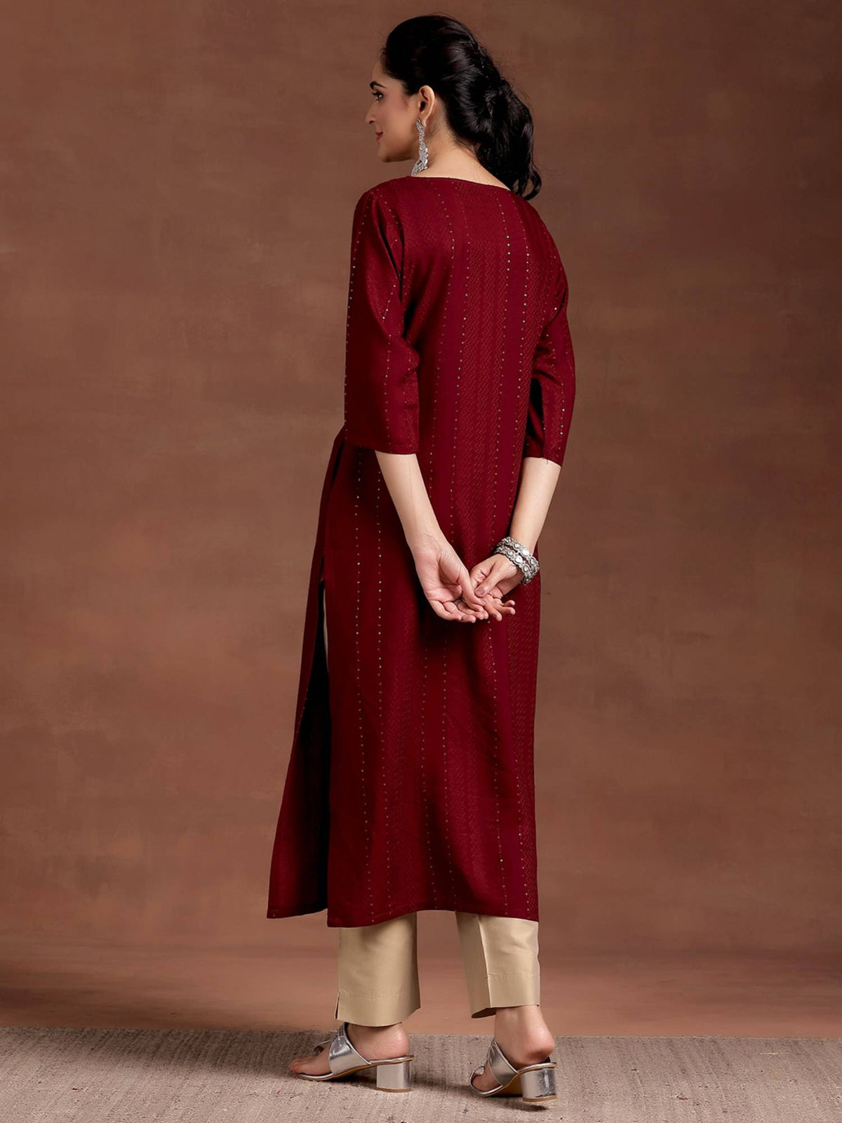 Red Woven Design Sequinned Straight Kurta with Pocket | U3S - view 3