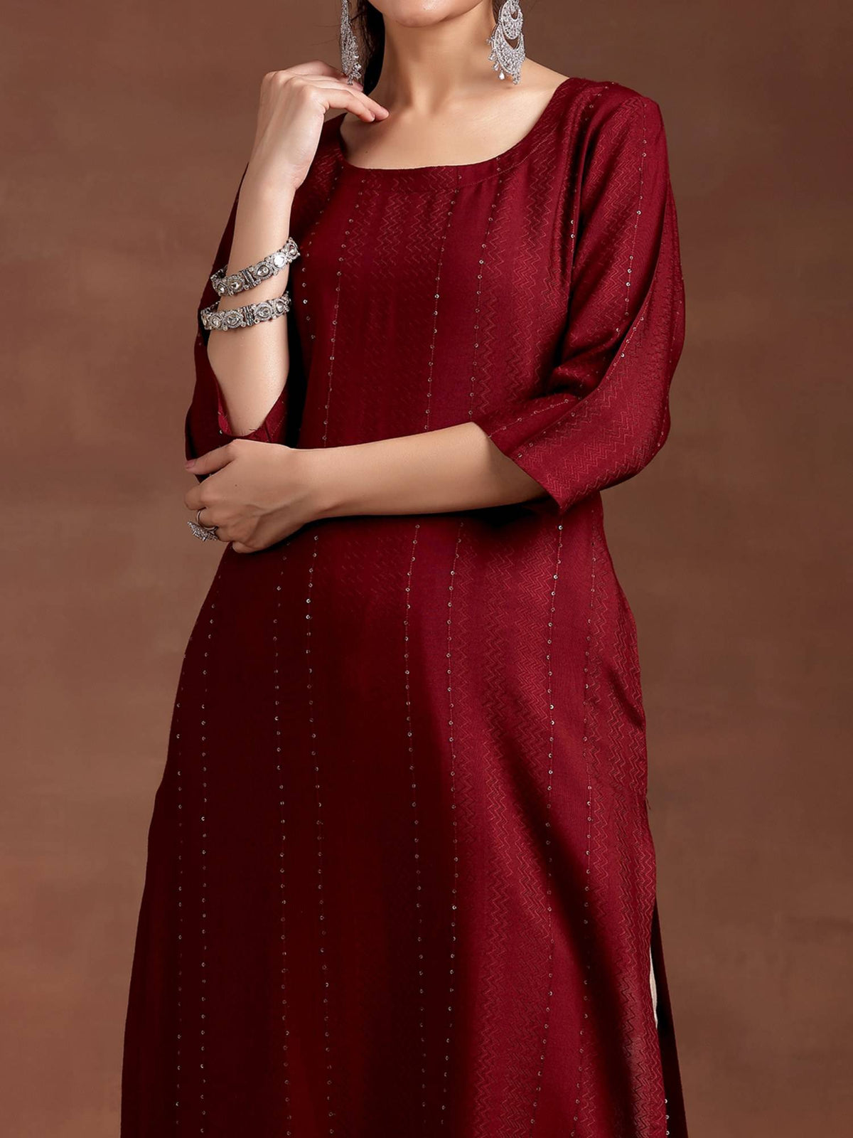 Red Woven Design Sequinned Straight Kurta with Pocket | FY93 - view 4