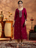 Maroon Embroidered Silk Straight Kurta | FY93 - view 1