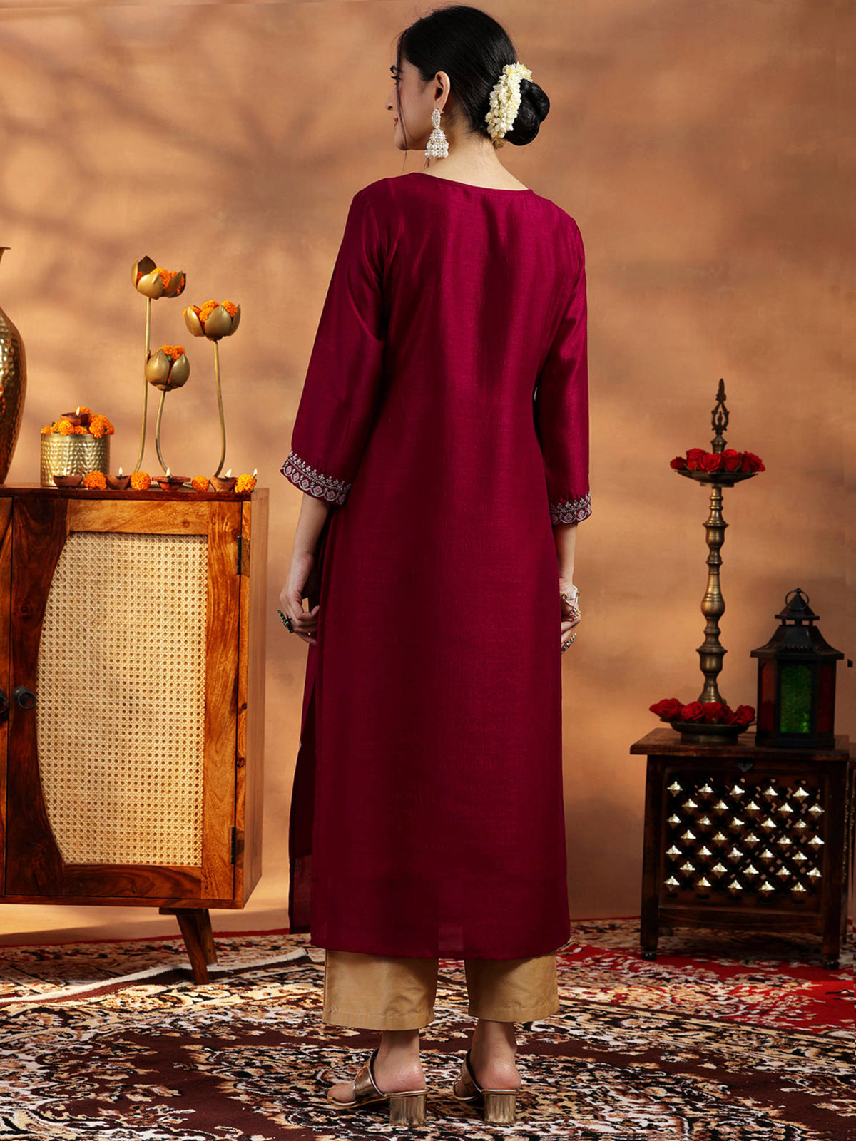 Maroon Embroidered Silk Straight Kurta | FY93 - view 3