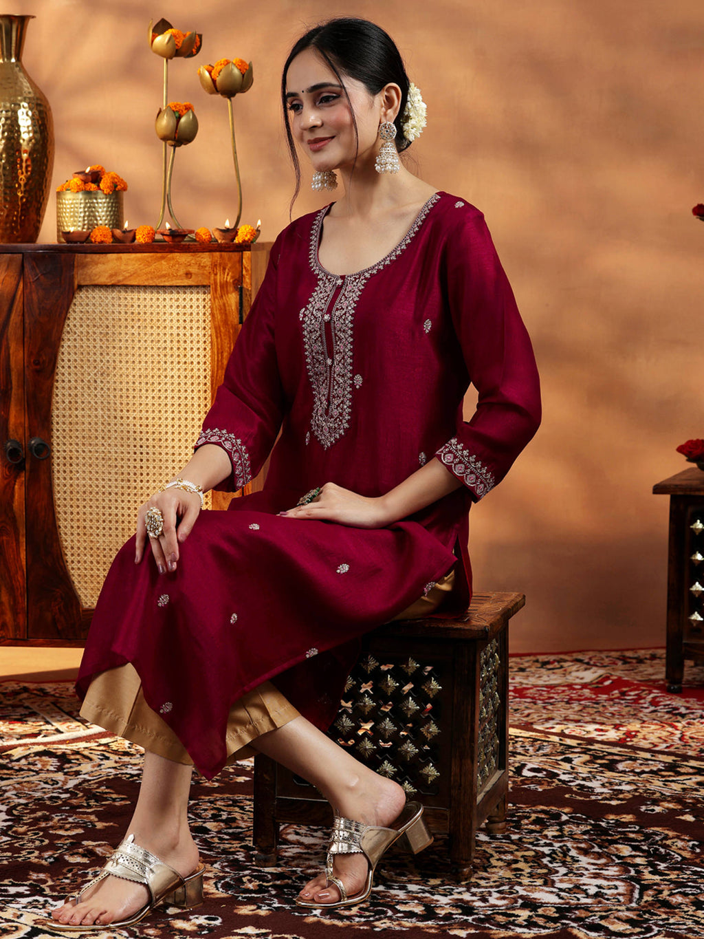 Maroon Embroidered Silk Straight Kurta | FY93 - view 4