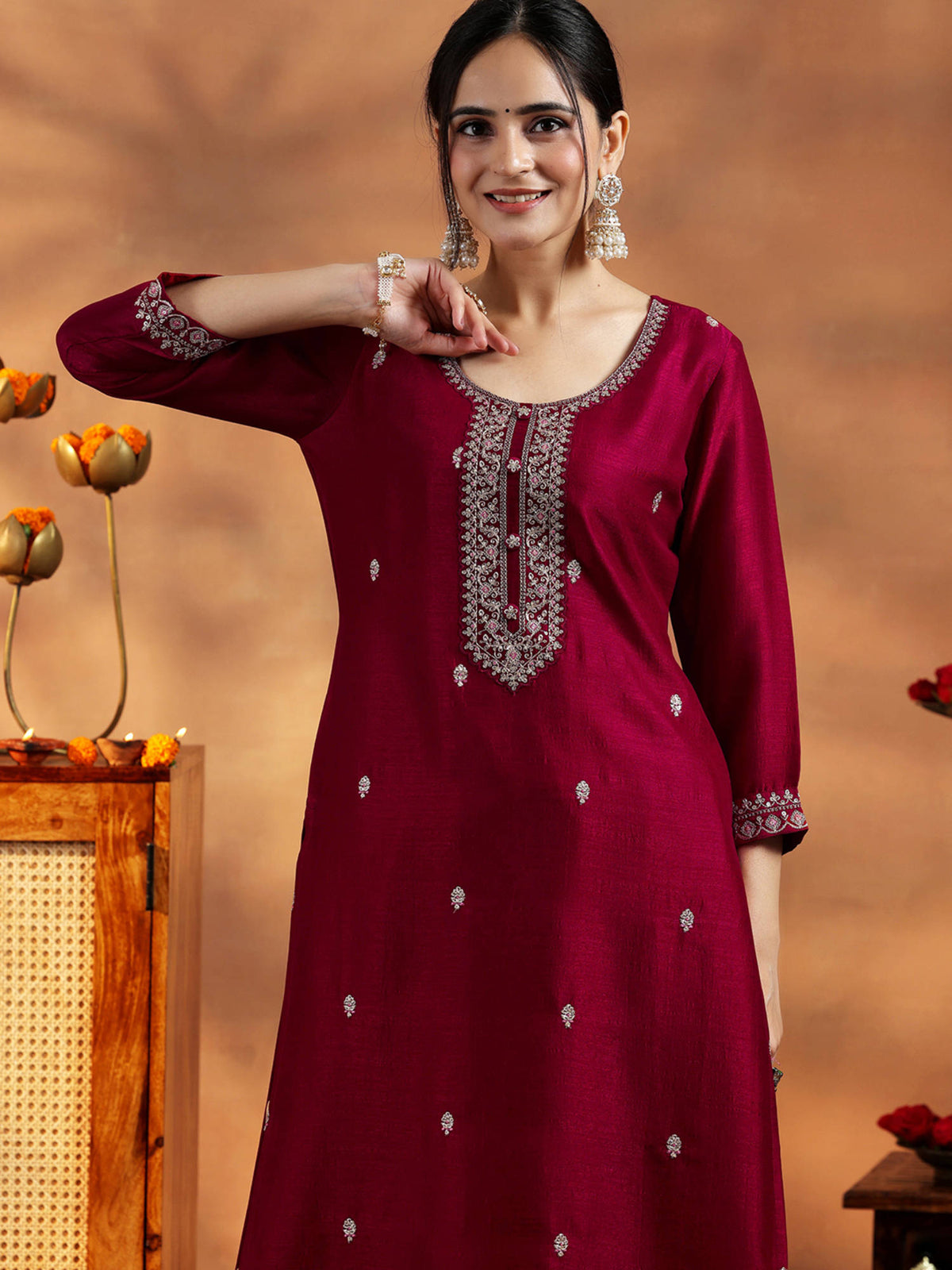 Maroon Embroidered Silk Straight Kurta | FY93 - view 5