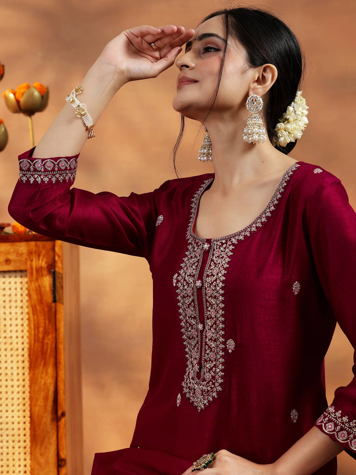 Maroon Embroidered Silk Straight Kurta | FY93 - view 6