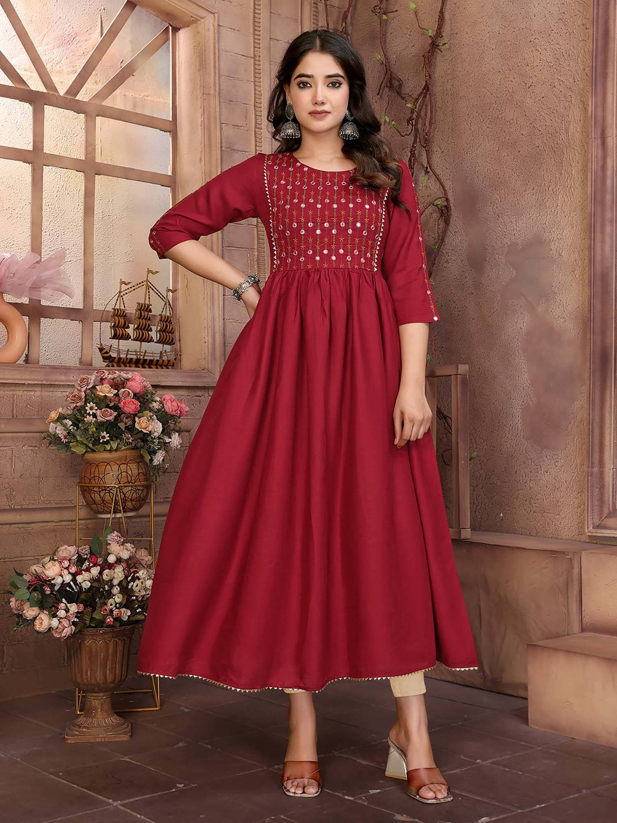 Women Maroon Rayon Embroidered Calf Length Anarkali Kurta | KDG - view 1