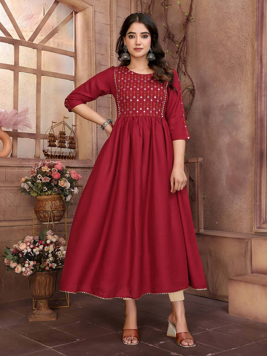 Women Navy Blue Rayon Embroidered Calf Length Anarkali Kurta | FY93 - view 8