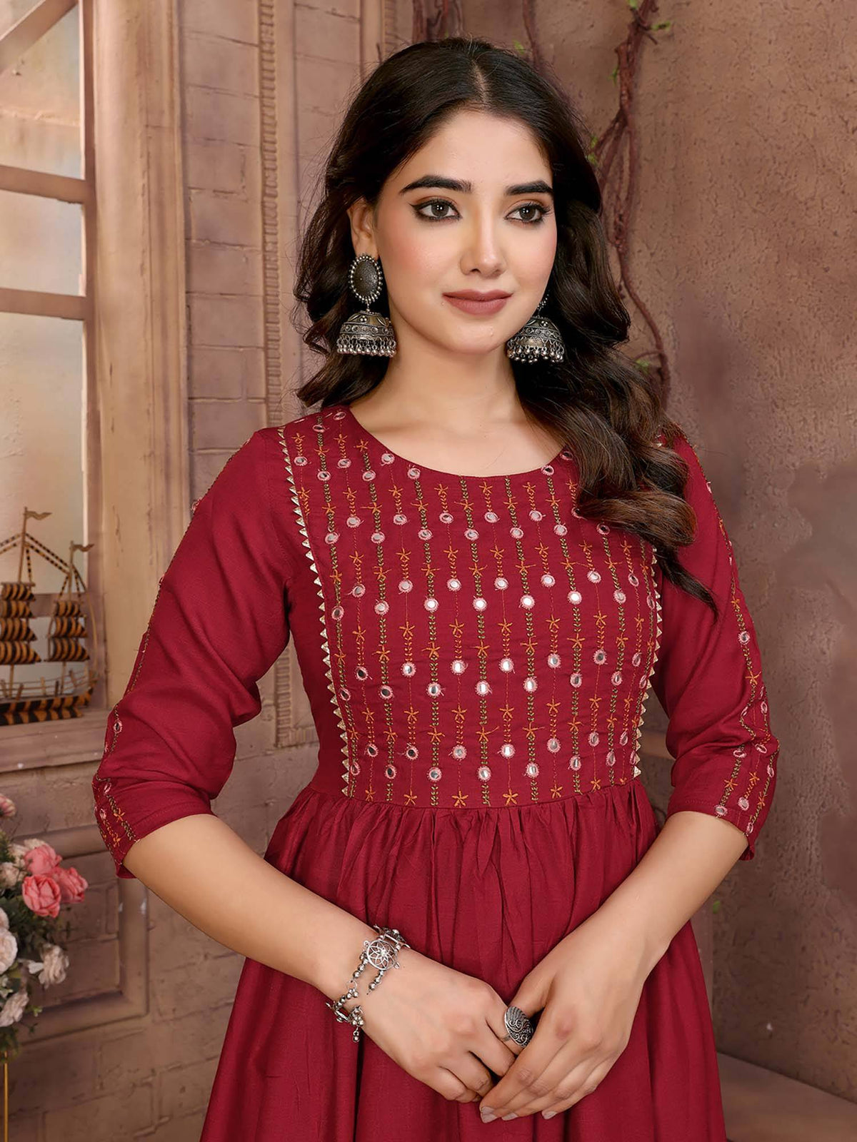 Women Maroon Rayon Embroidered Calf Length Anarkali Kurta | FY93 - view 2
