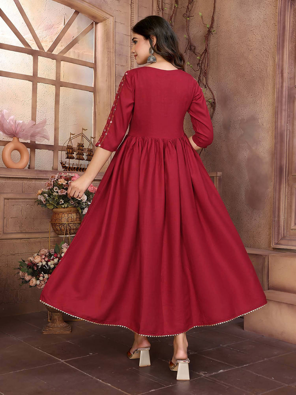 Women Maroon Rayon Embroidered Calf Length Anarkali Kurta | KDG - view 4