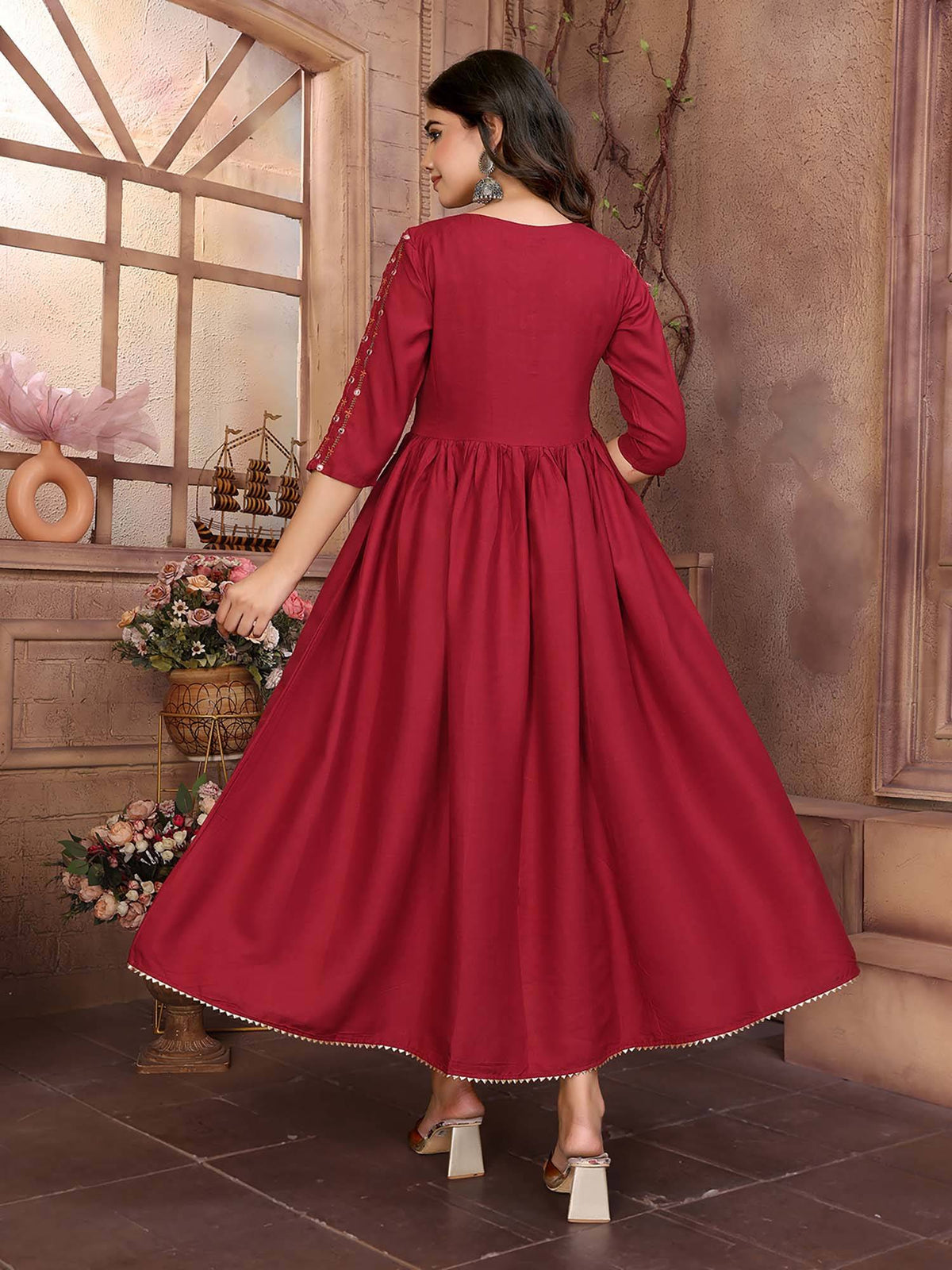 Women Maroon Rayon Embroidered Calf Length Anarkali Kurta | U3S - view 4