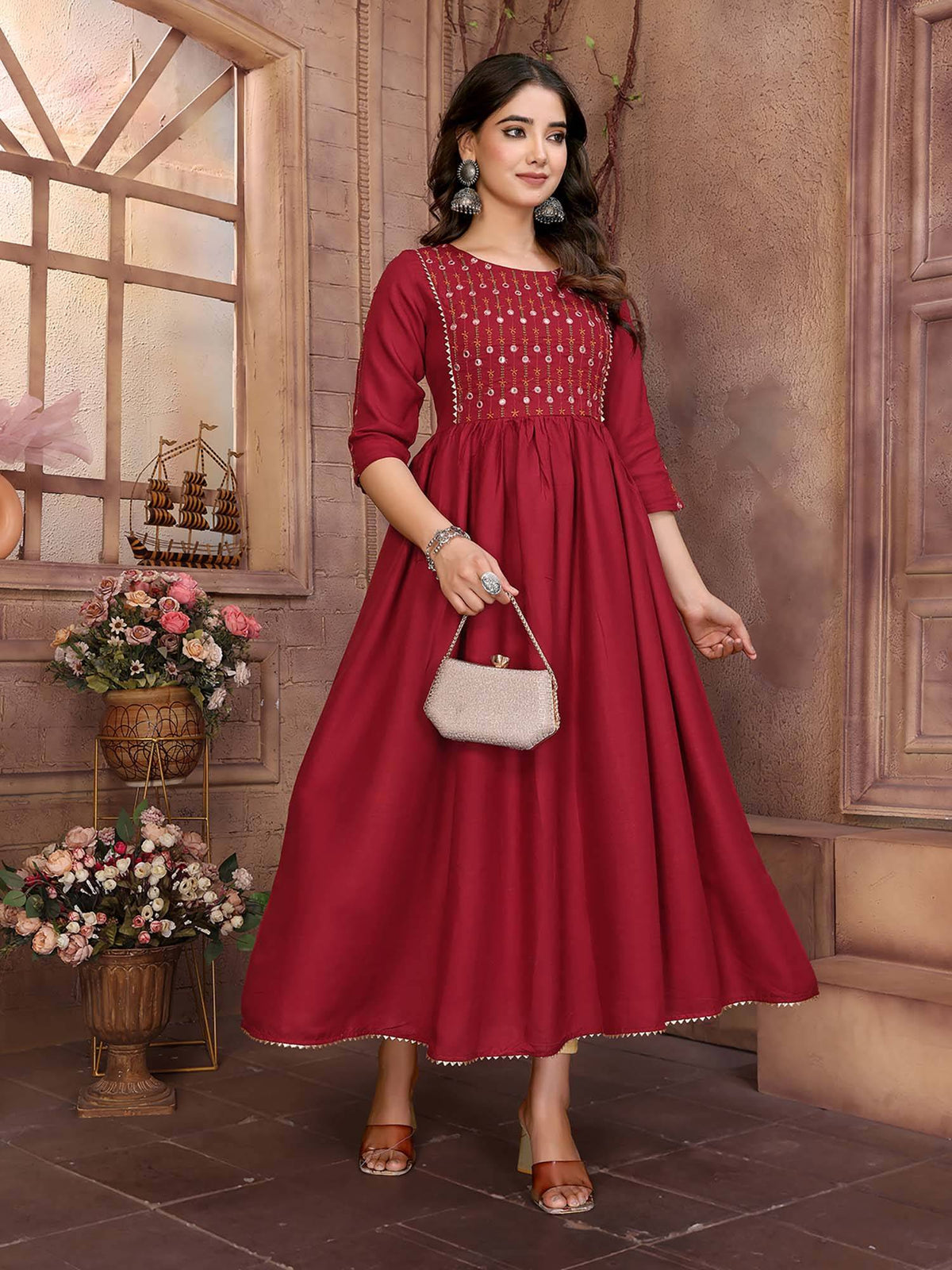 Women Navy Blue Rayon Embroidered Calf Length Anarkali Kurta | KDG - view 12