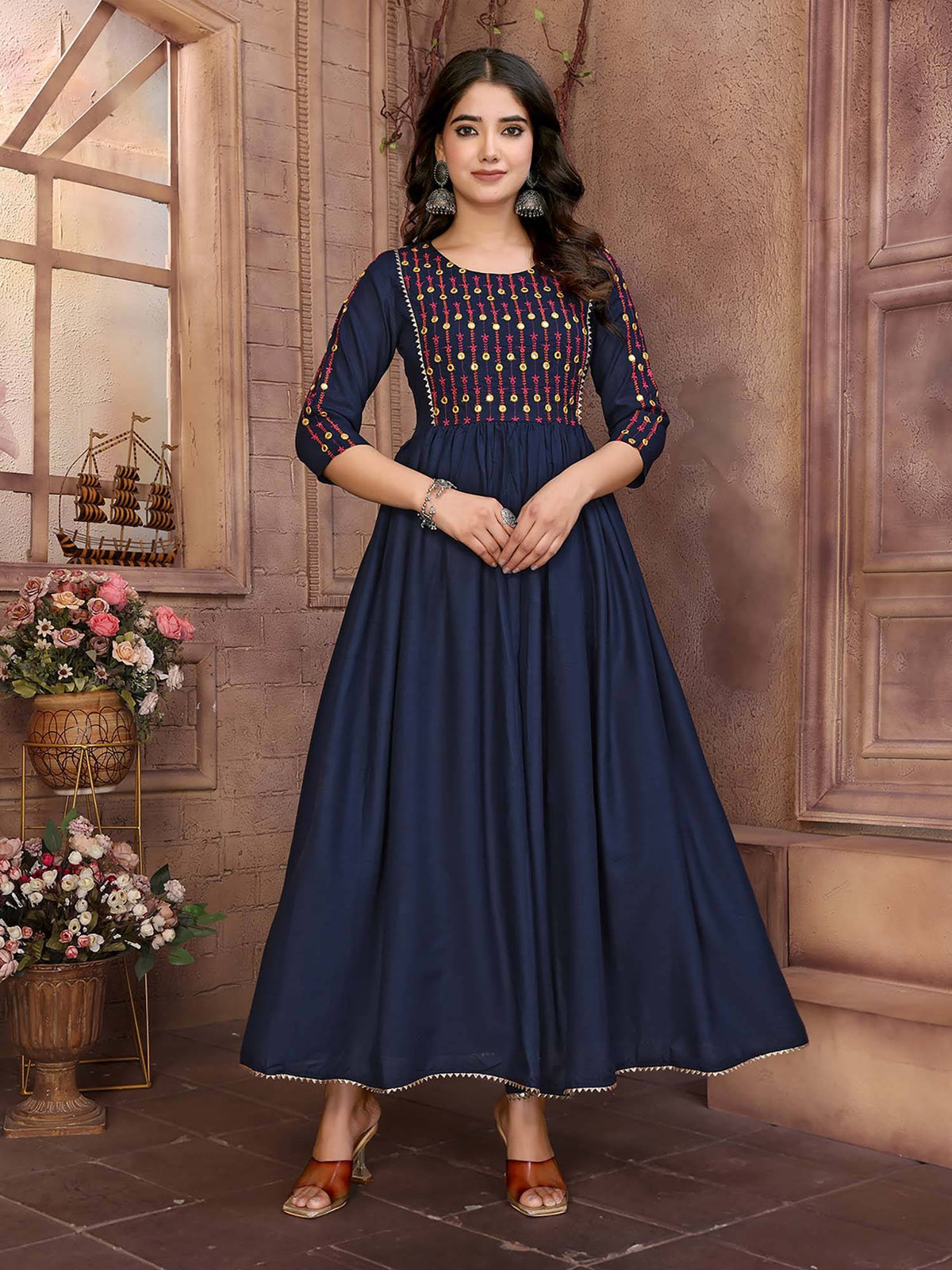 Women Maroon Rayon Embroidered Calf Length Anarkali Kurta | KDG - view 7