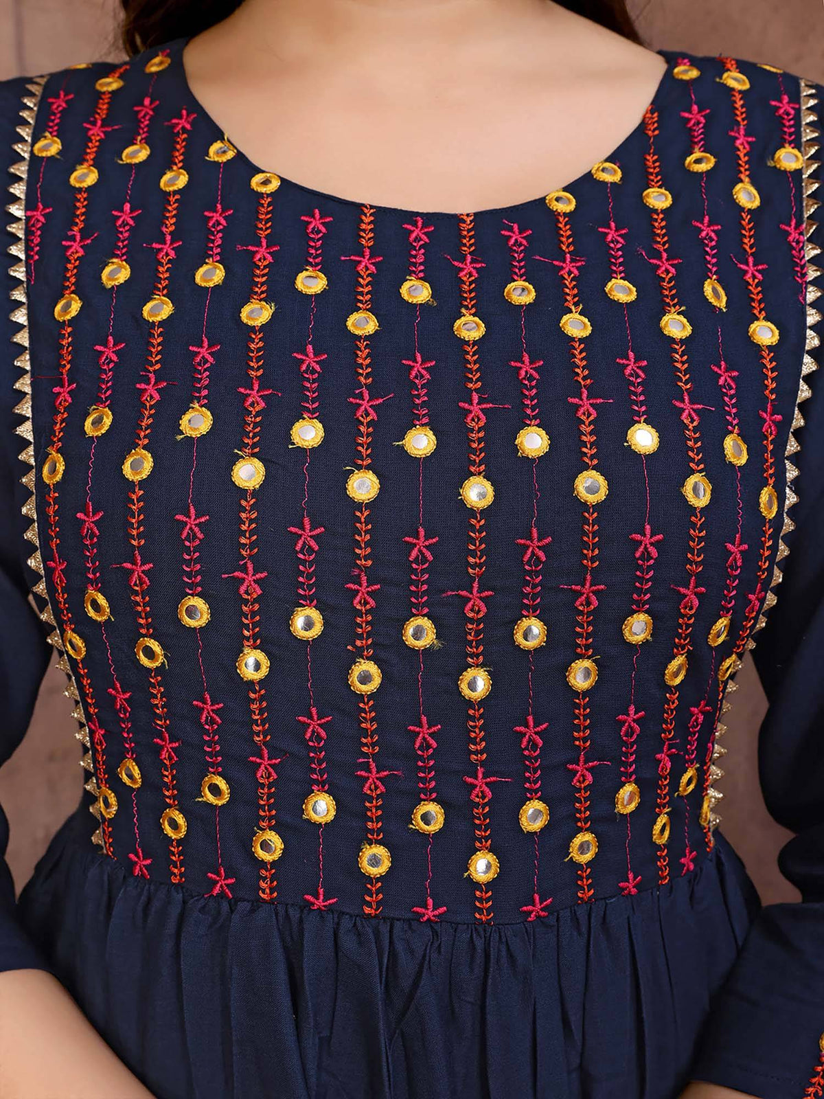 Women Navy Blue Rayon Embroidered Calf Length Anarkali Kurta | KDG - view 2
