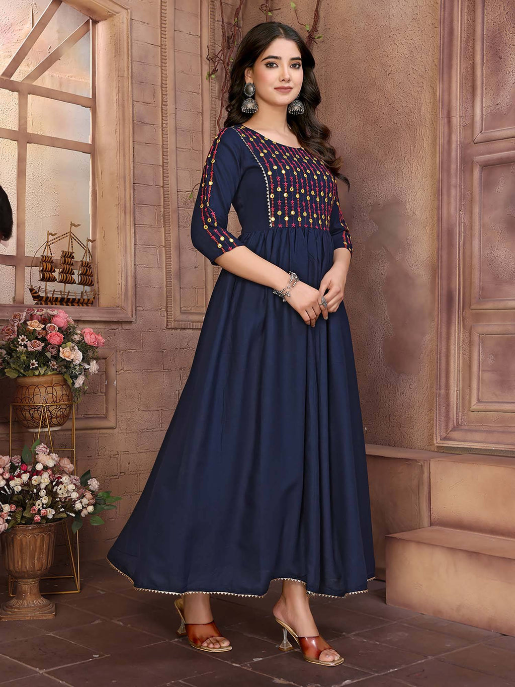 Women Navy Blue Rayon Embroidered Calf Length Anarkali Kurta | KDG - view 3