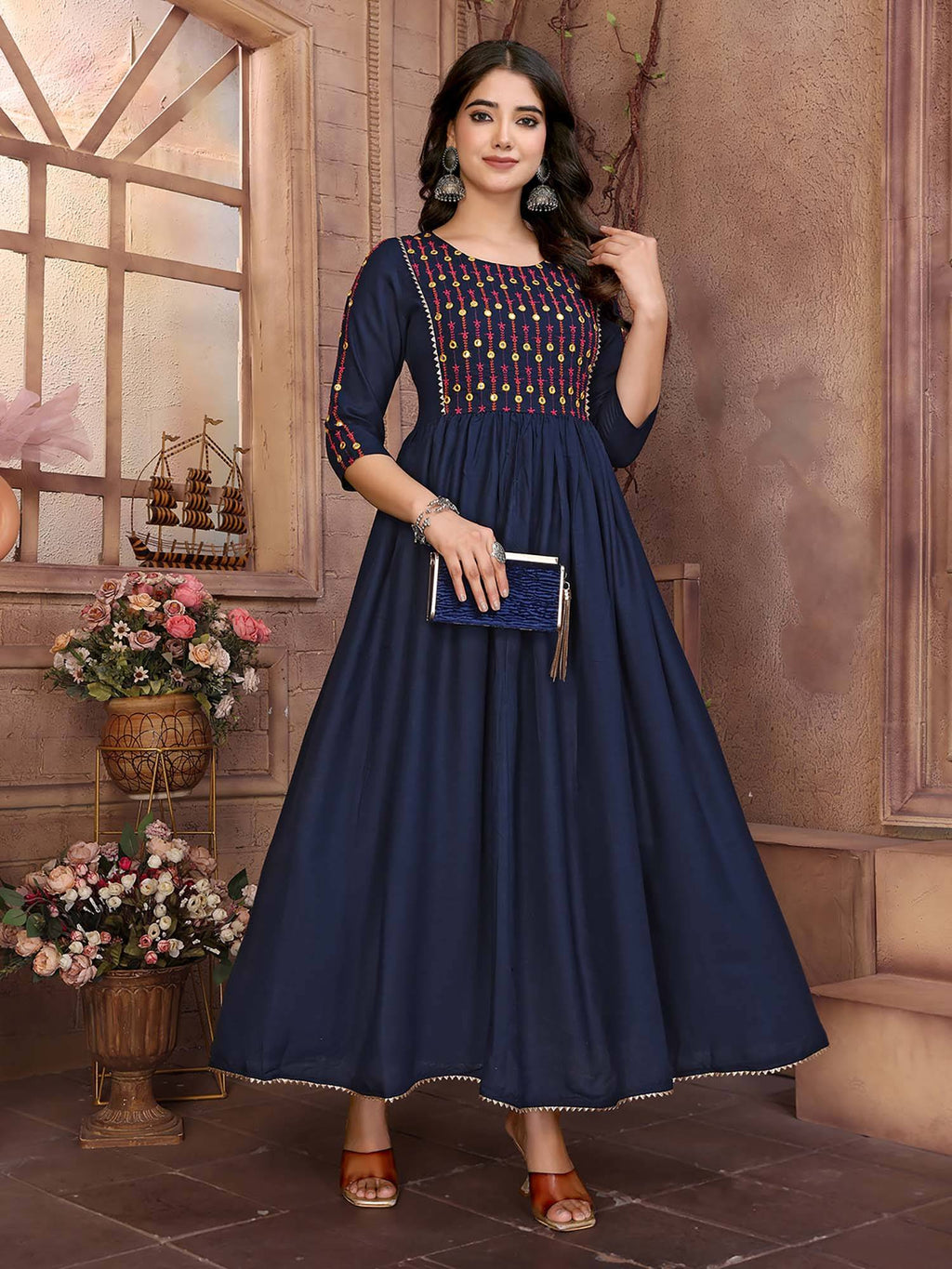 Women Navy Blue Rayon Embroidered Calf Length Anarkali Kurta | KDG - view 5