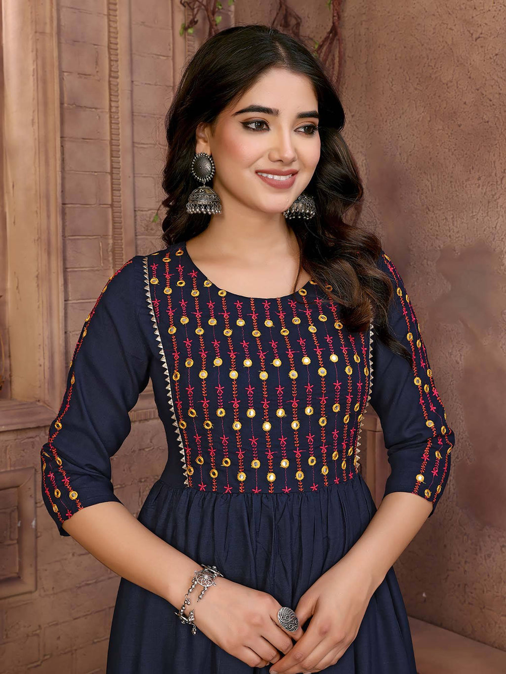Women Navy Blue Rayon Embroidered Calf Length Anarkali Kurta | KDG - view 7
