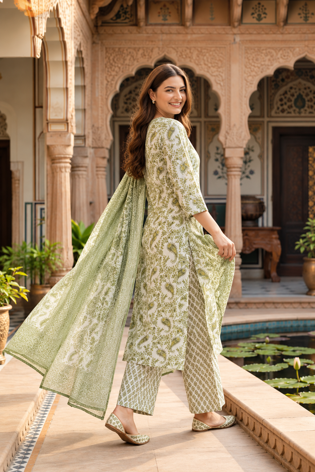 Olive Green Printed Kurta Set with Matching Dupatta