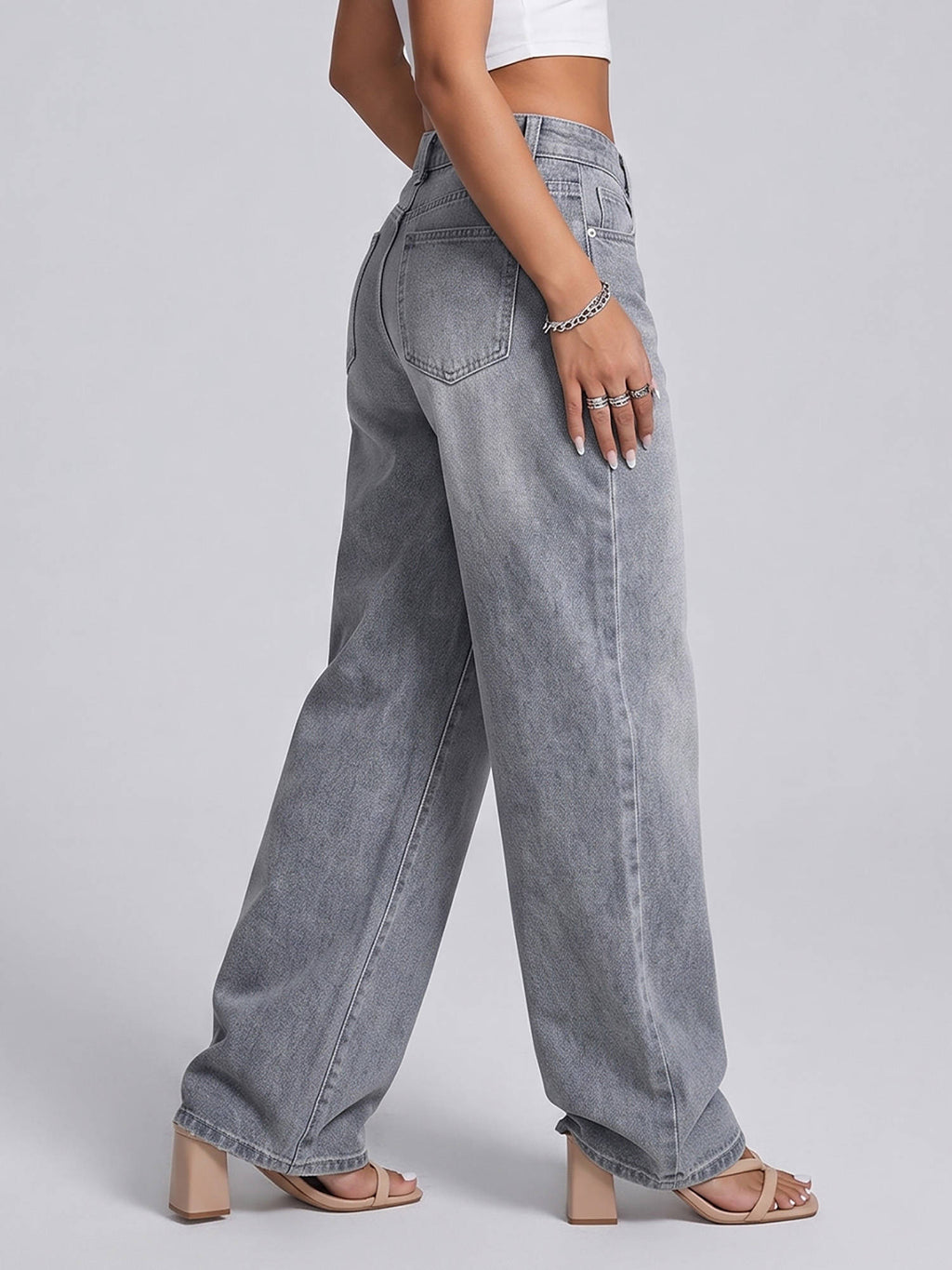 Women Light Grey Wide Leg Jeans | WL90 - view 3