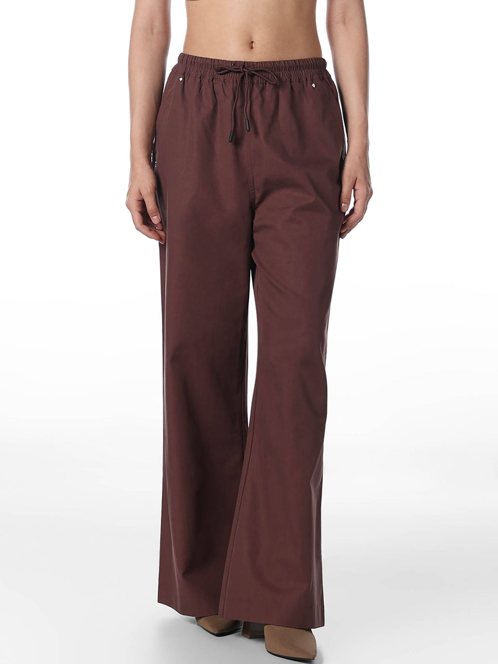 Womens Solid Relaxed Fit Mid-Rise Brown Pants | O24 - view 1