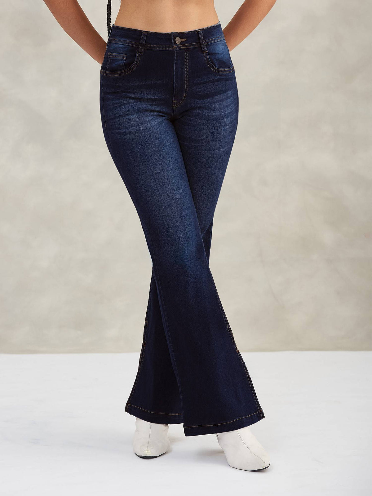 Women'S Navy Blue Boot Cut Leg Mid Waist Jeans | BT10 - view 1
