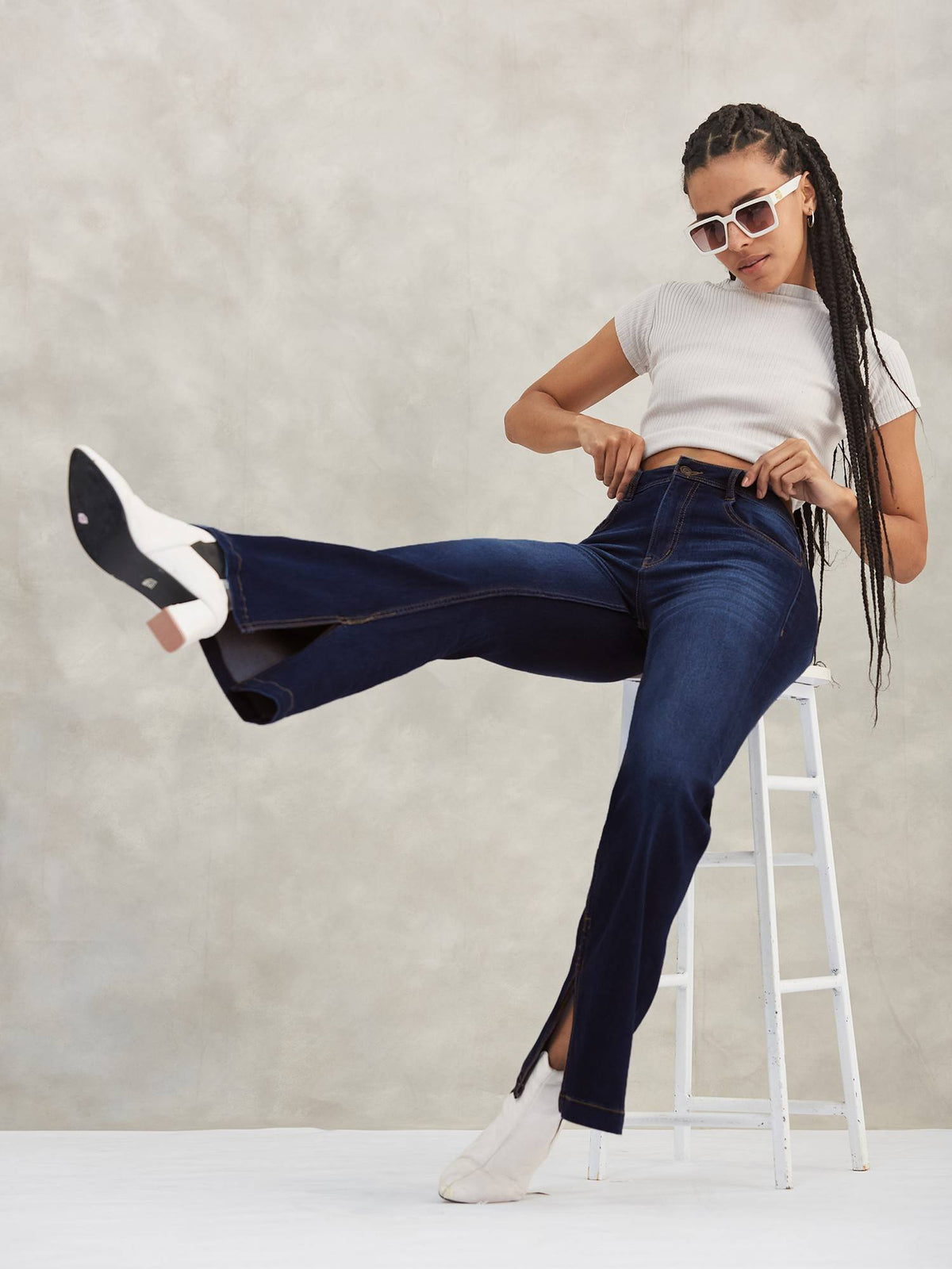 Women'S Navy Blue Boot Cut Leg Mid Waist Jeans | BT10 - view 3