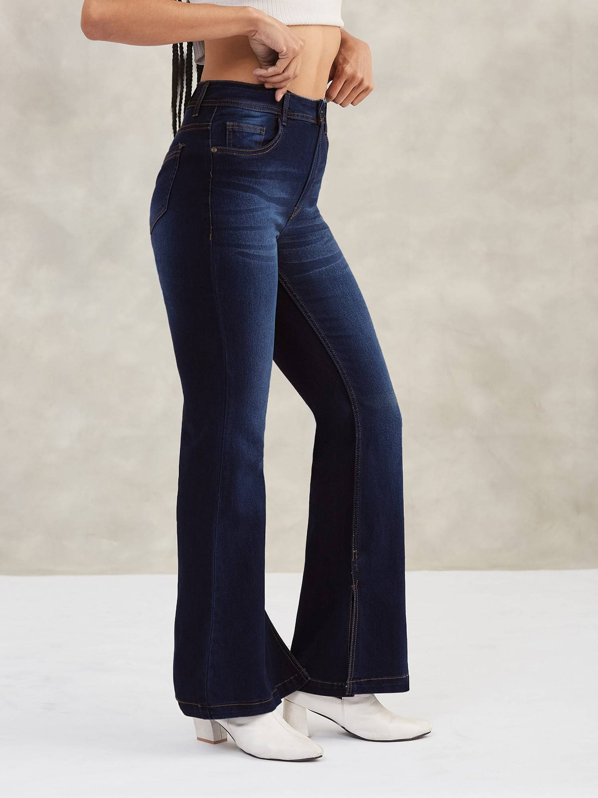 Women'S Navy Blue Boot Cut Leg Mid Waist Jeans | BT10 - view 4