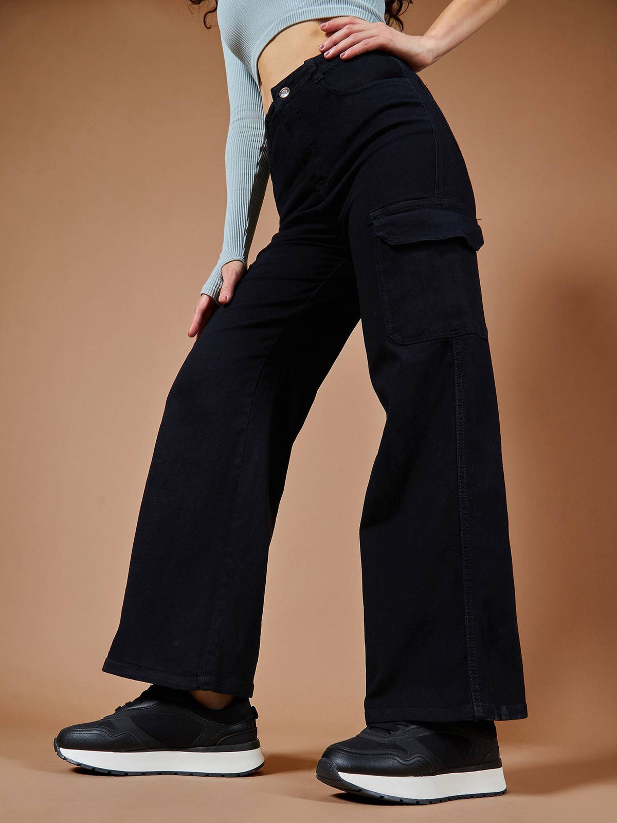 Black Women's Wide Leg High Waist Jeans | RF89 - view 3