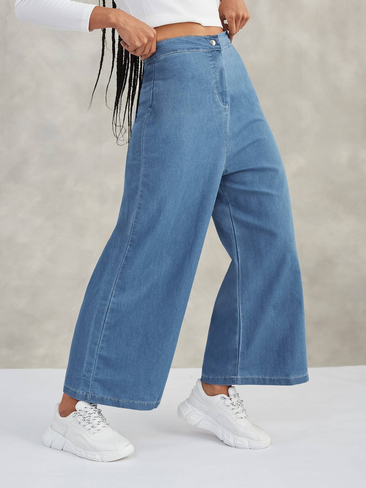 Women Blue Solid Wide Leg High Waist Jeans | RF89 - view 2