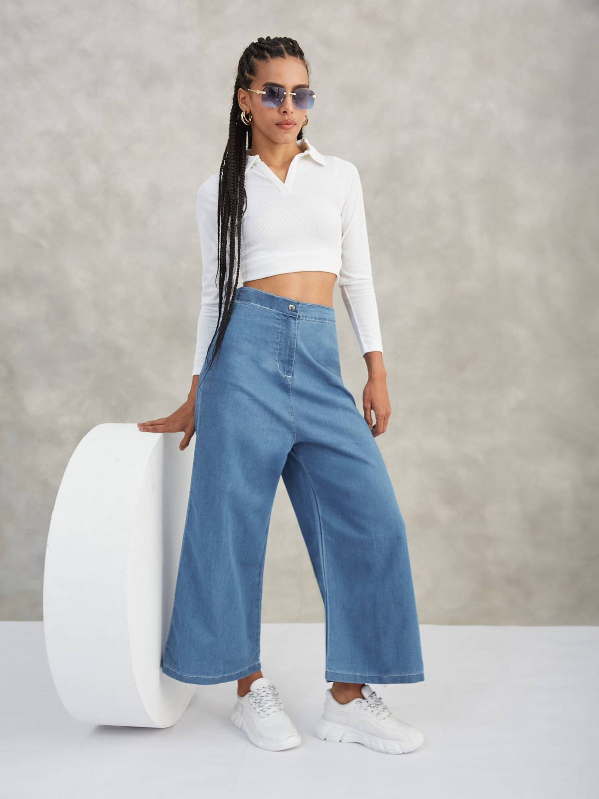 Women Blue Solid Wide Leg High Waist Jeans | RF89 - view 4