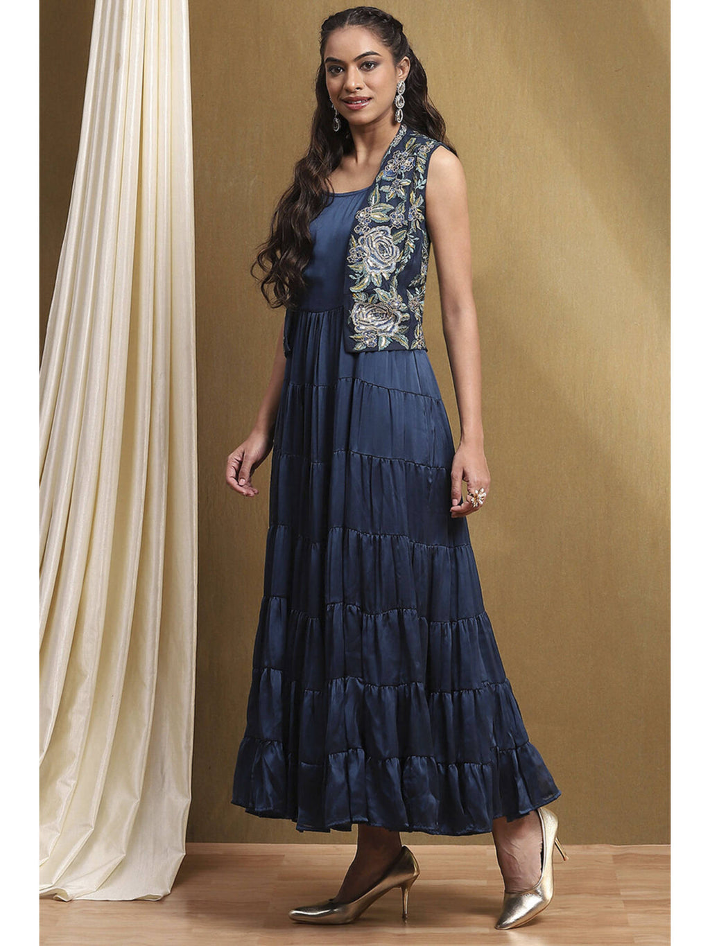Women's Navy Blue Georgette Kurta with Jacket (Set of 2) | KDG - view 3