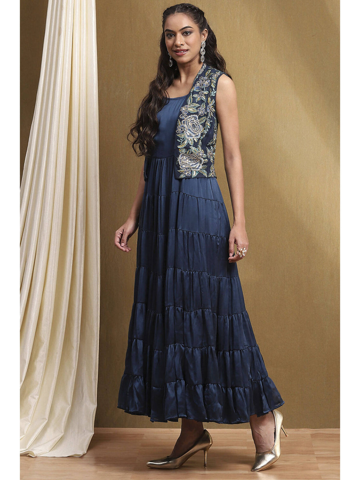 Women's Navy Blue Georgette Kurta with Jacket (Set of 2) | KDG - view 3