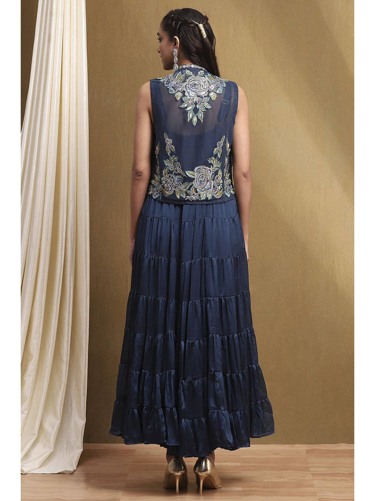 Women's Navy Blue Georgette Kurta with Jacket (Set of 2) | KDG - view 4