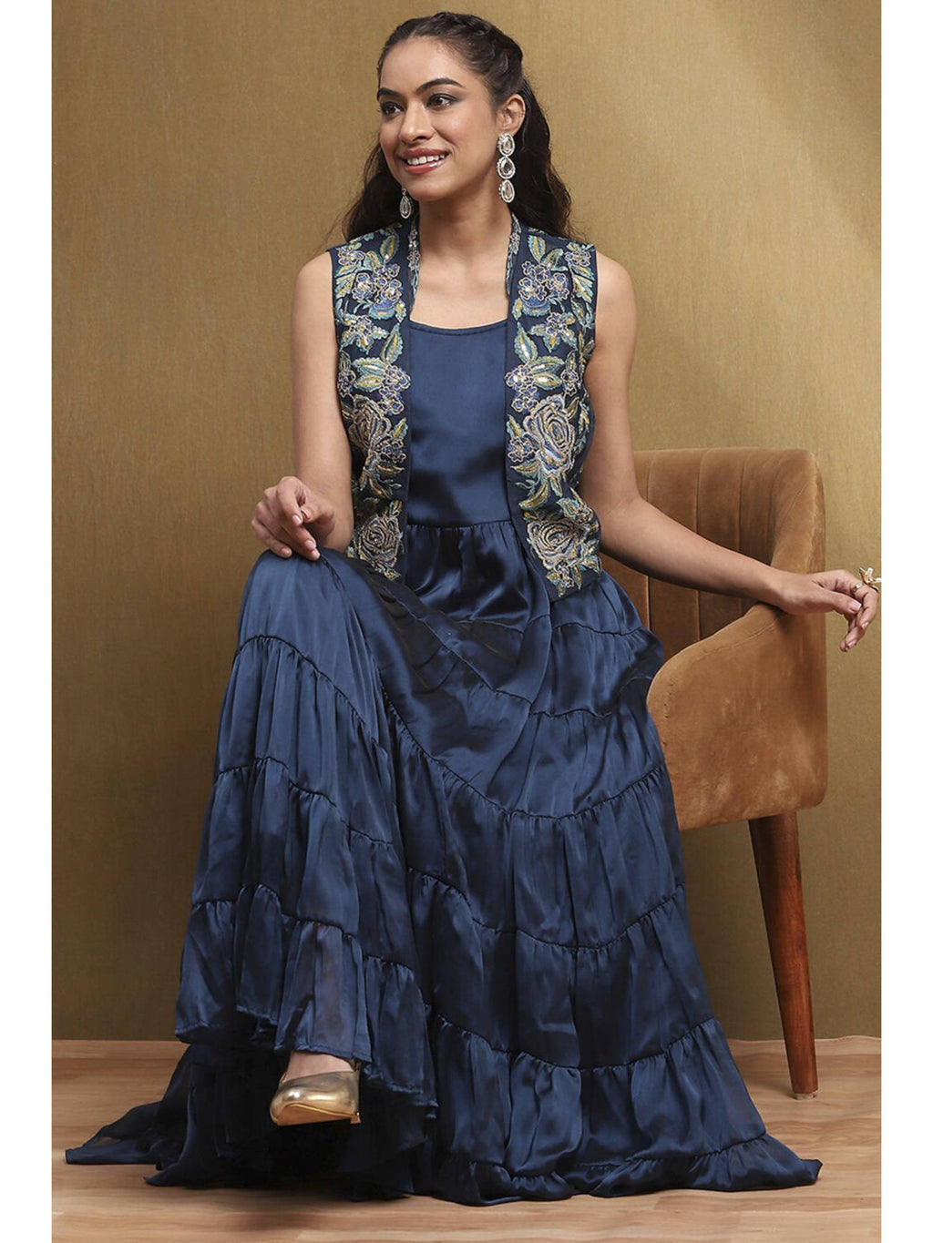 Women's Navy Blue Georgette Kurta with Jacket (Set of 2) | KDG - view 6