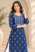 Navy Blue Printed Kurta with White Lace-Trim Palazzo