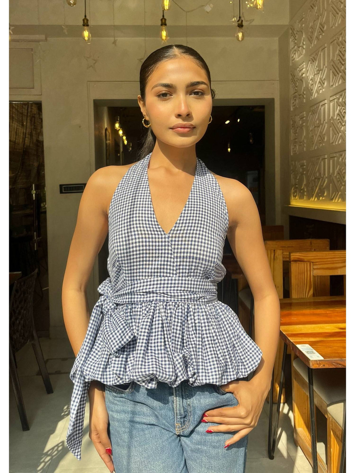 Bubble Blue Gingham V-Neck Halter Hem Top | HT67 - view 1