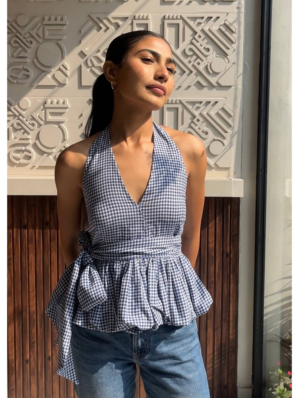 Bubble Blue Gingham V-Neck Halter Hem Top | HT67 - view 2