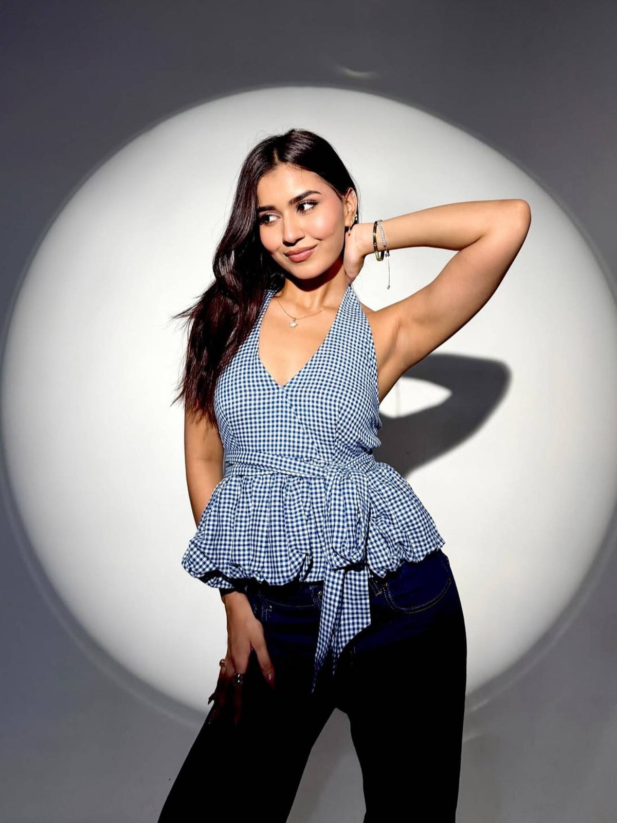 Bubble Blue Gingham V-Neck Halter Hem Top | HT67 - view 4