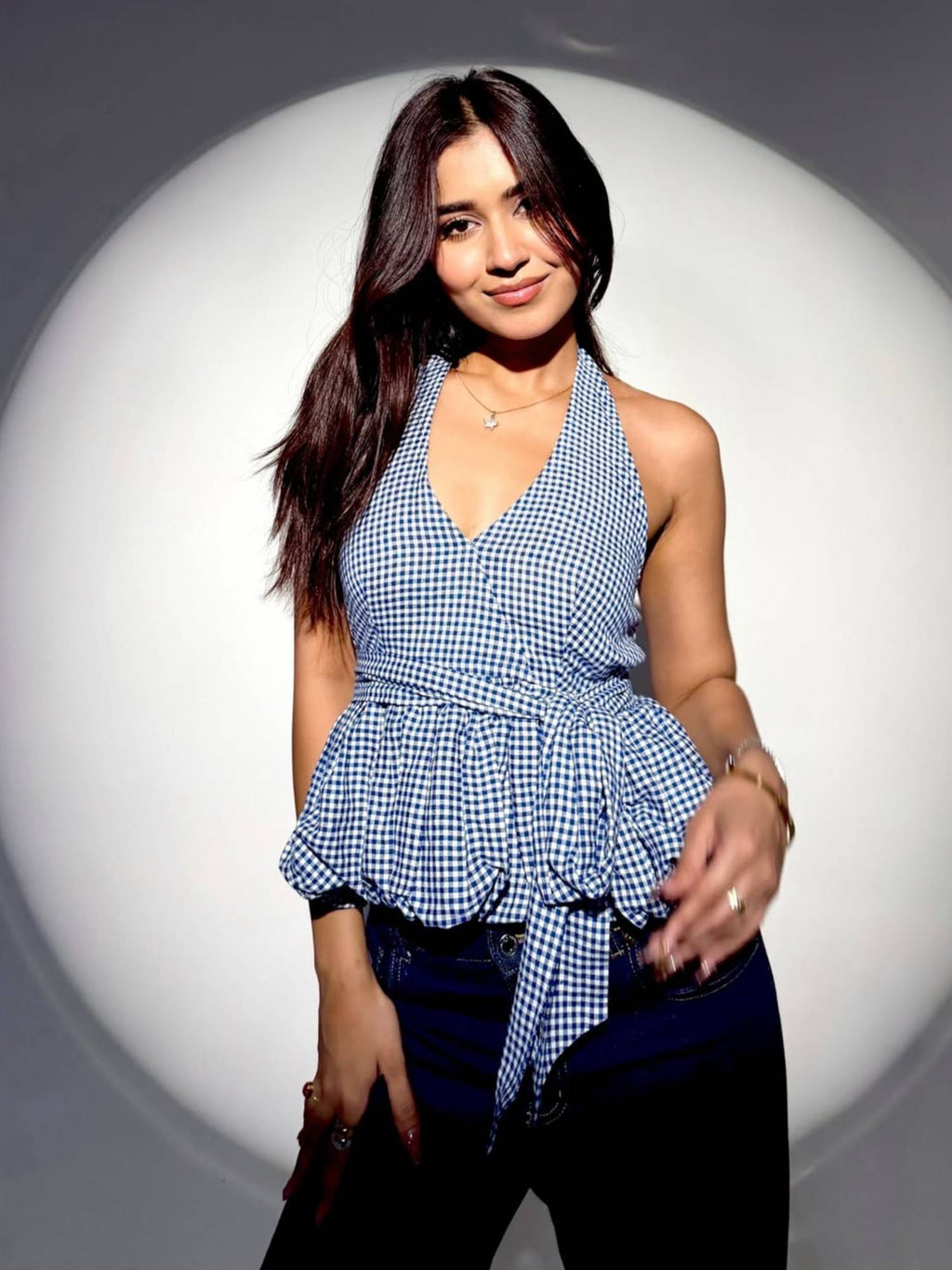 Bubble Blue Gingham V-Neck Halter Hem Top | HT67 - view 6