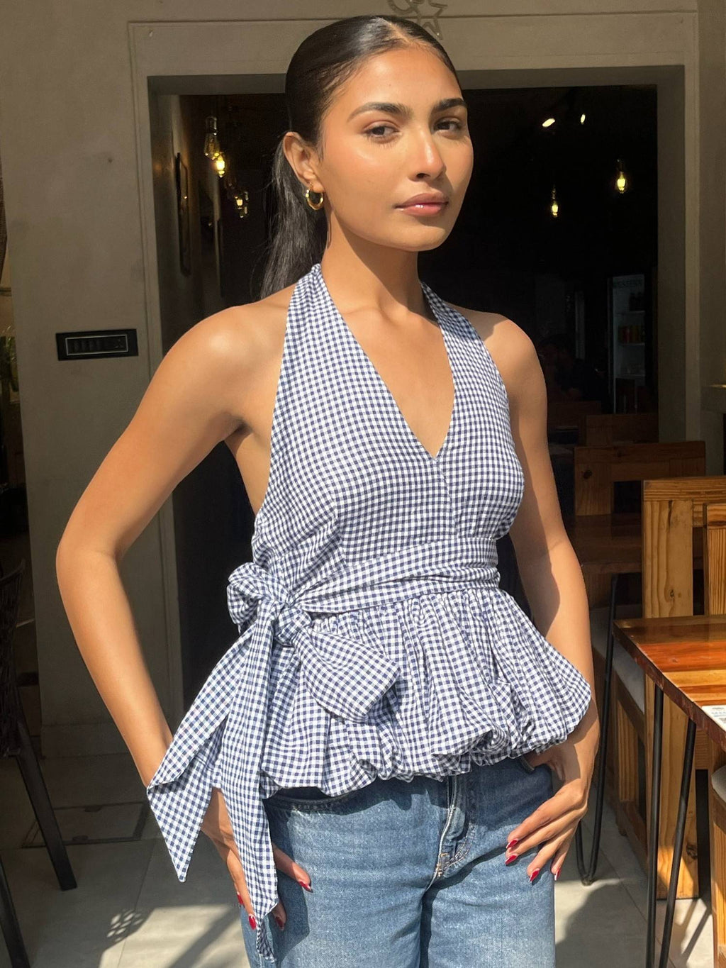 Bubble Blue Gingham V-Neck Halter Hem Top | HT67 - view 9