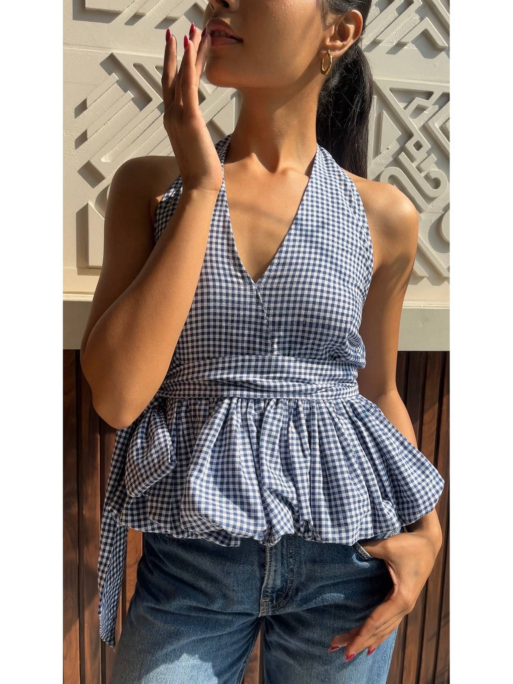 Bubble Blue Gingham V-Neck Halter Hem Top | HT67 - view 10