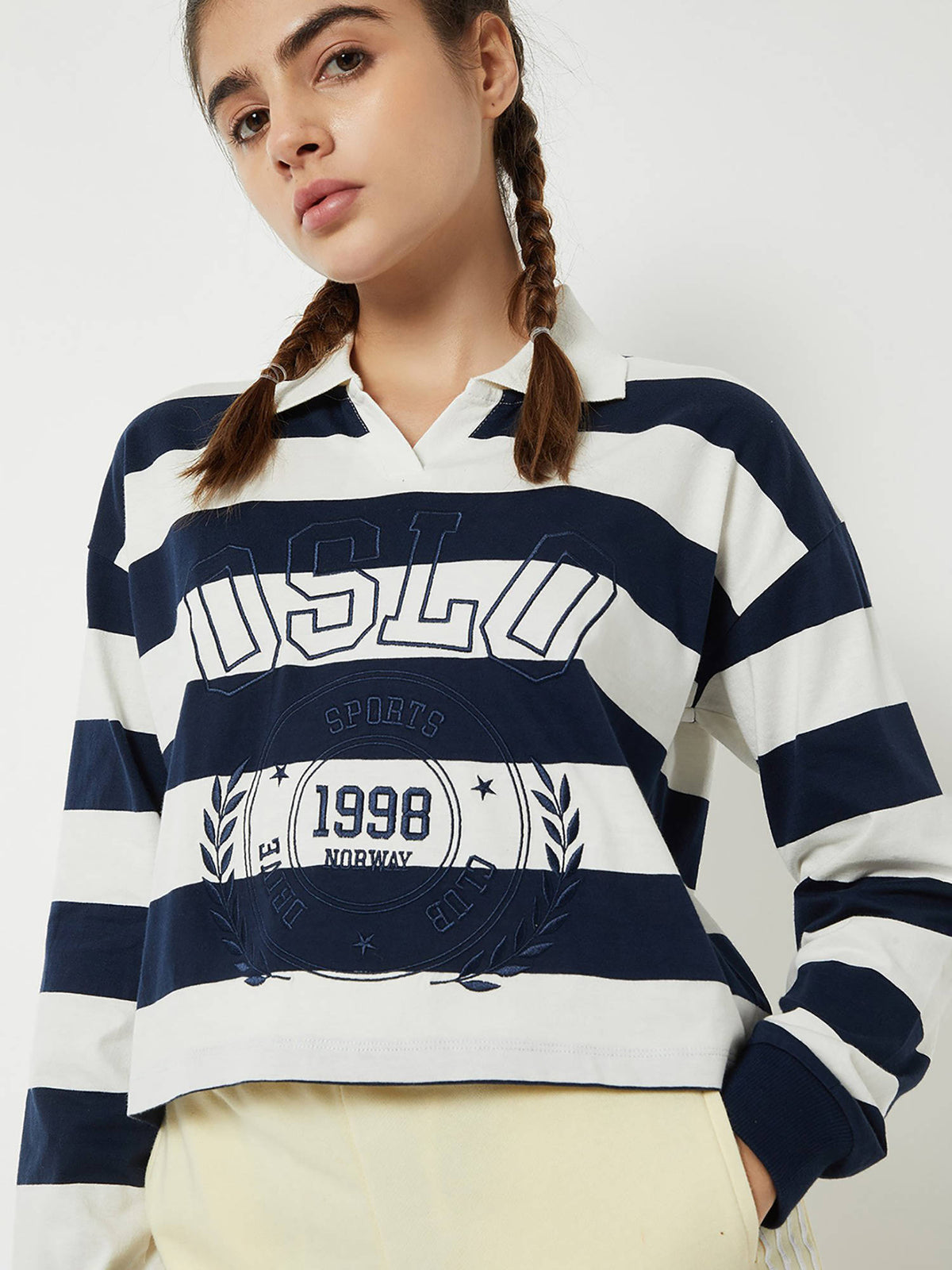 Women Striped Johnny Collar Polo T-Shirt | PW43 - view 1
