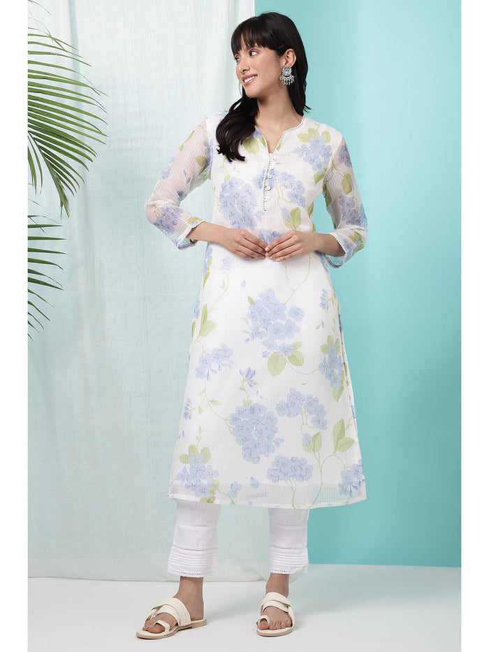 Floral White Printed Kota Straight Kurta | FY93 - view 1