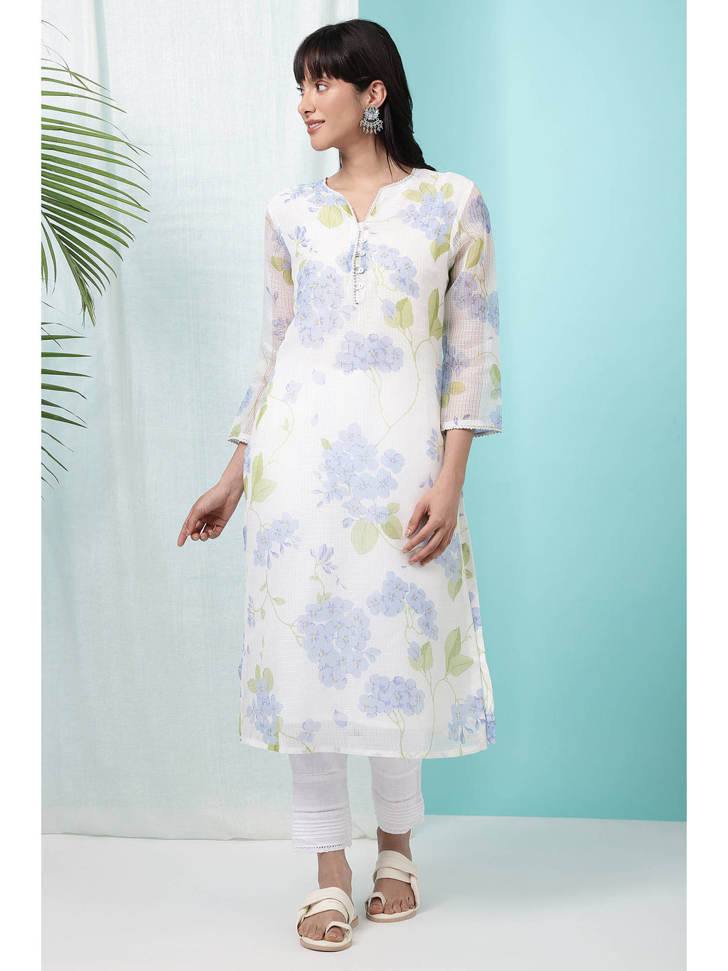 Floral White Printed Kota Straight Kurta | FY93 - view 2
