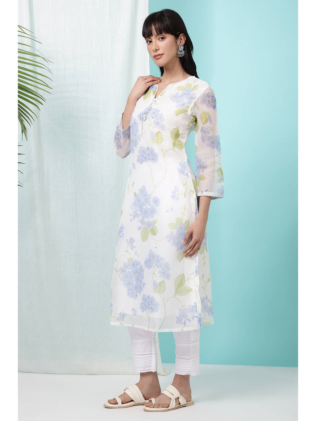 Floral White Printed Kota Straight Kurta | FY93 - view 4