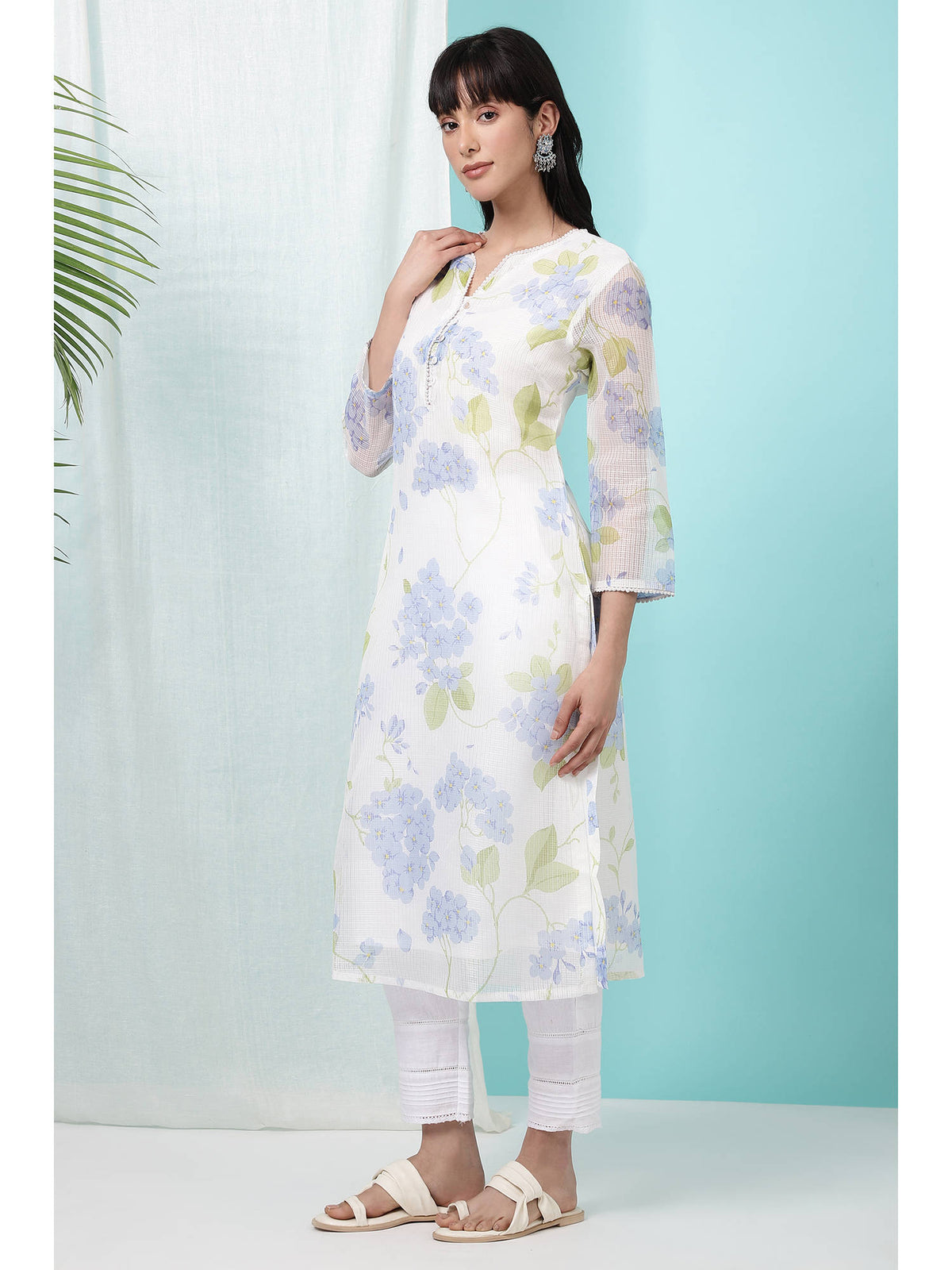 Floral White Printed Kota Straight Kurta | FY93 - view 4