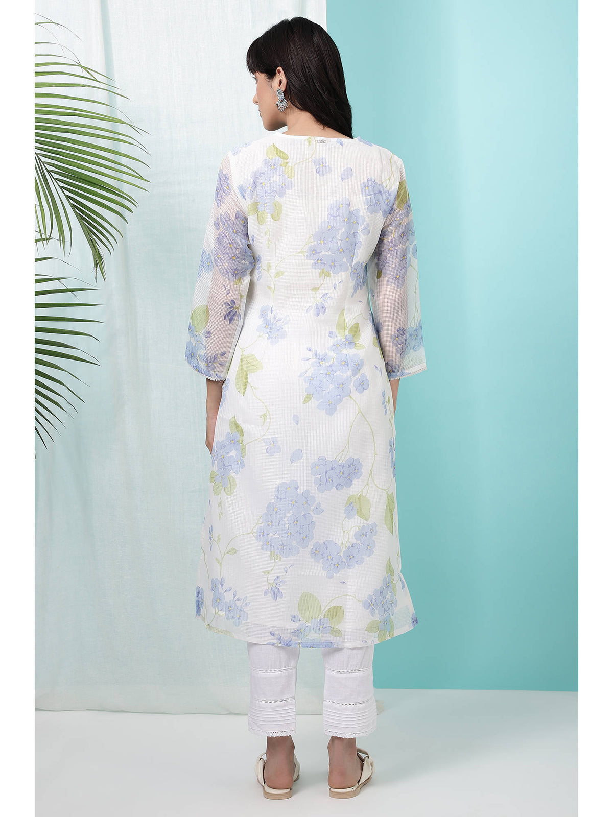 Floral White Printed Kota Straight Kurta | KDG - view 5