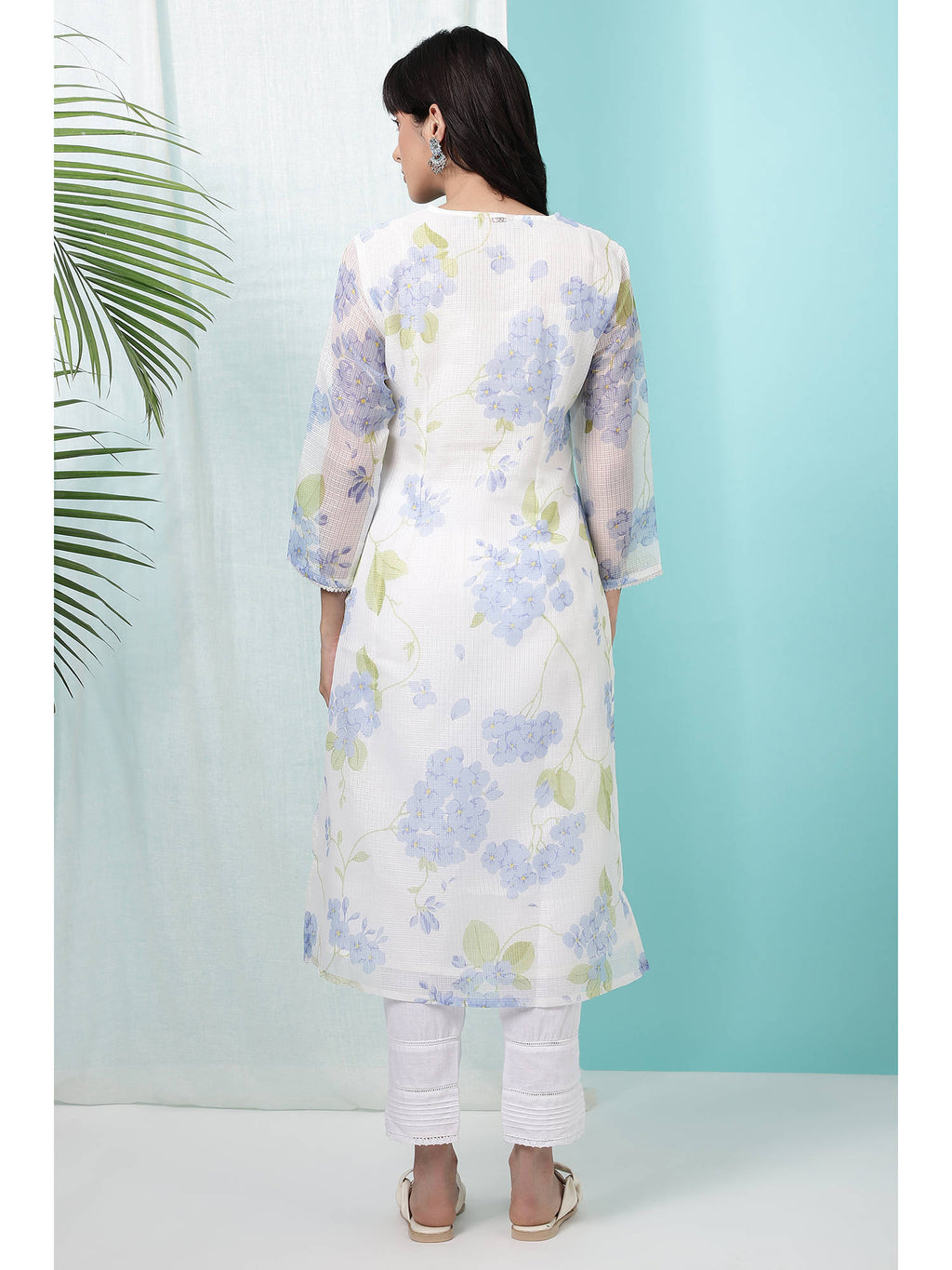 Floral White Printed Kota Straight Kurta | FY93 - view 5