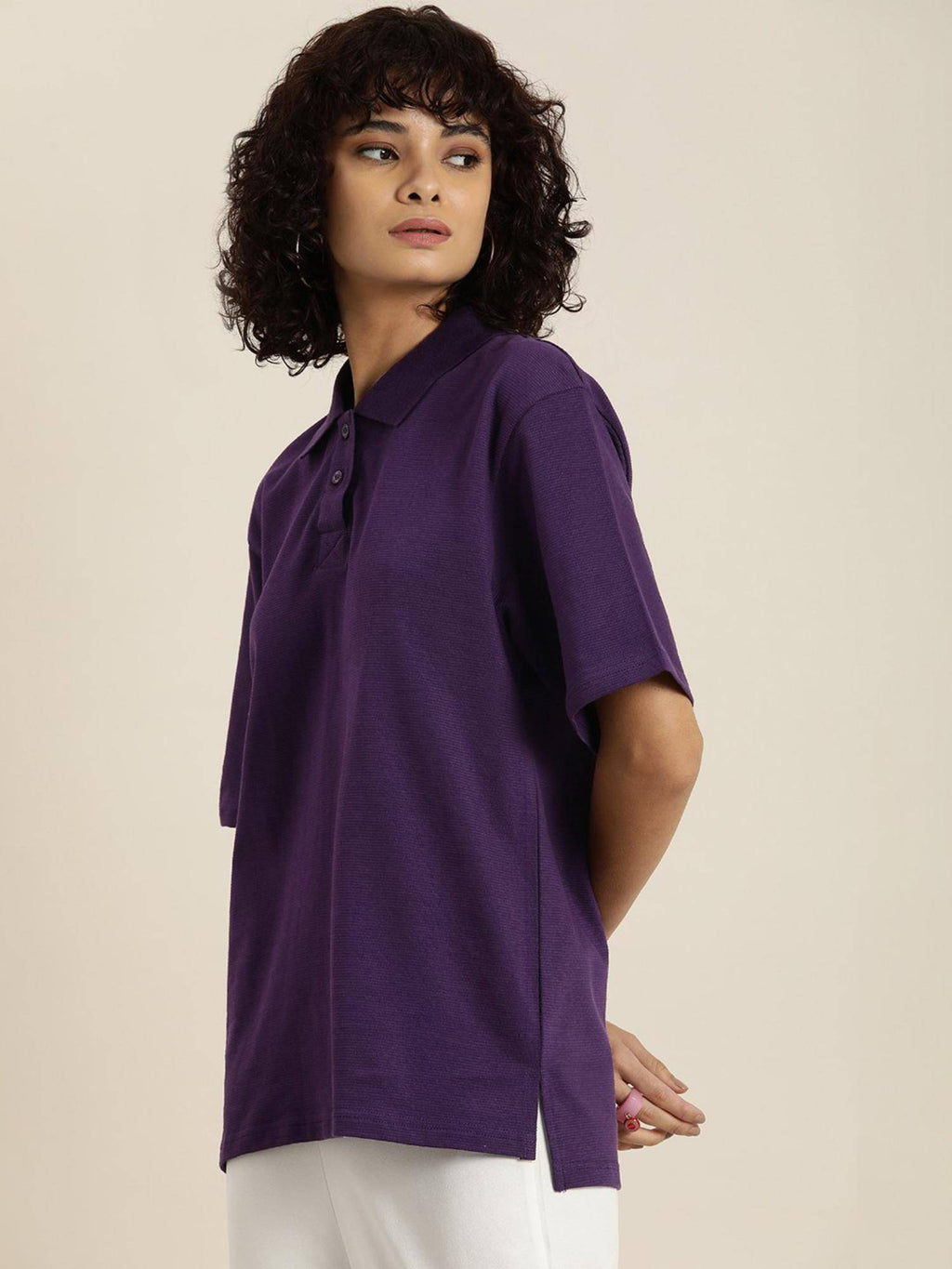 White Solid Oversized Polo T-Shirt | PW43 - view 6