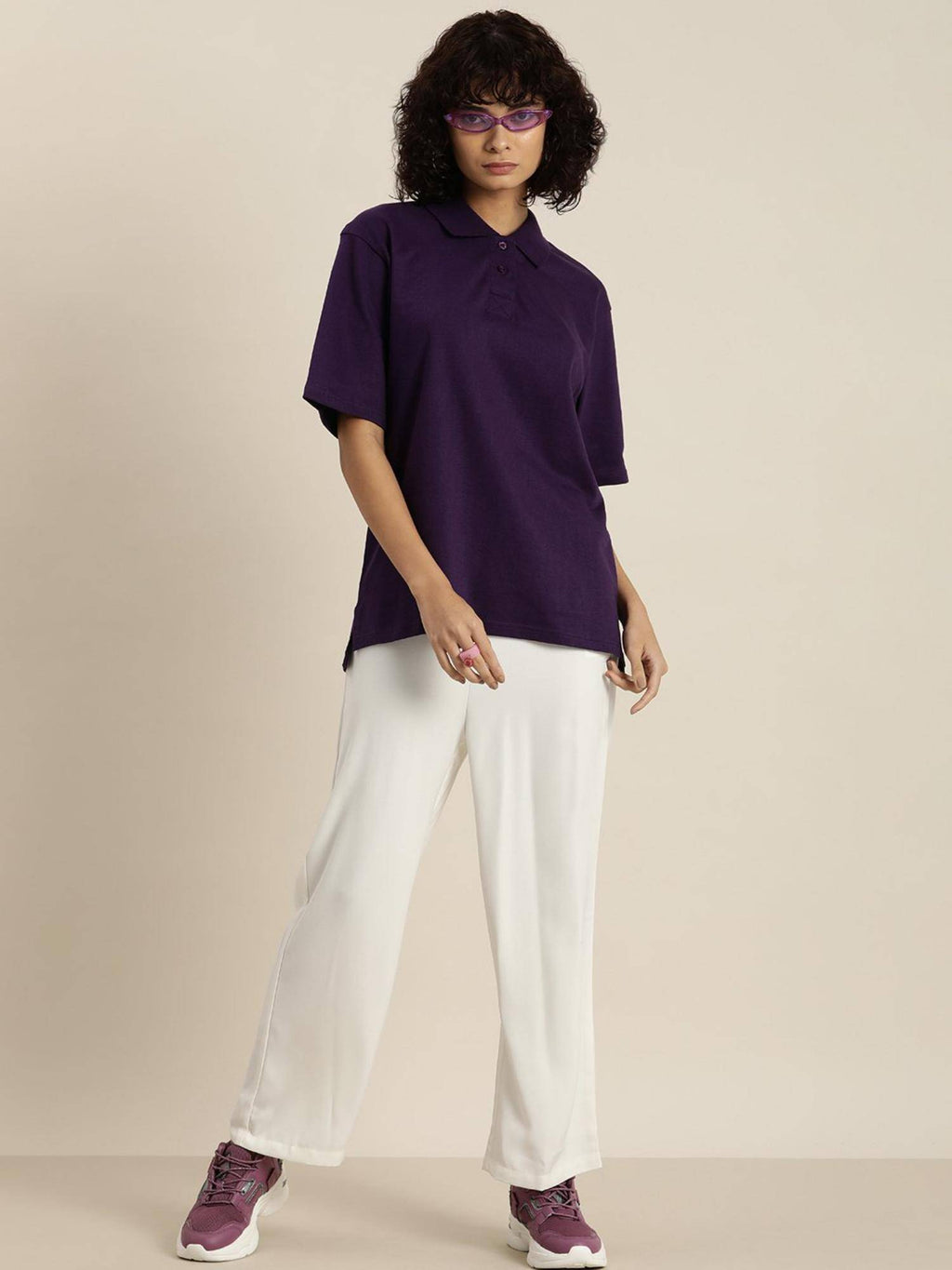 White Solid Oversized Polo T-Shirt | PW43 - view 10