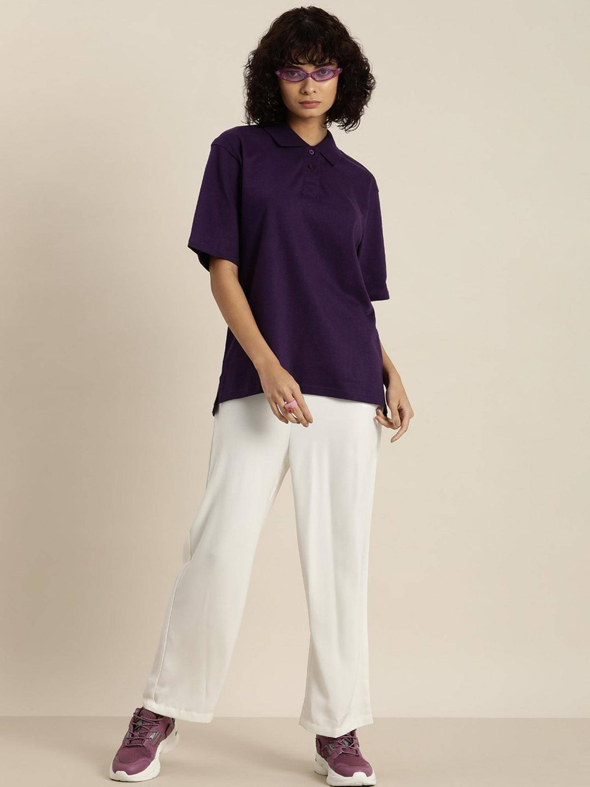 White Solid Oversized Polo T-Shirt | PW43 - view 10